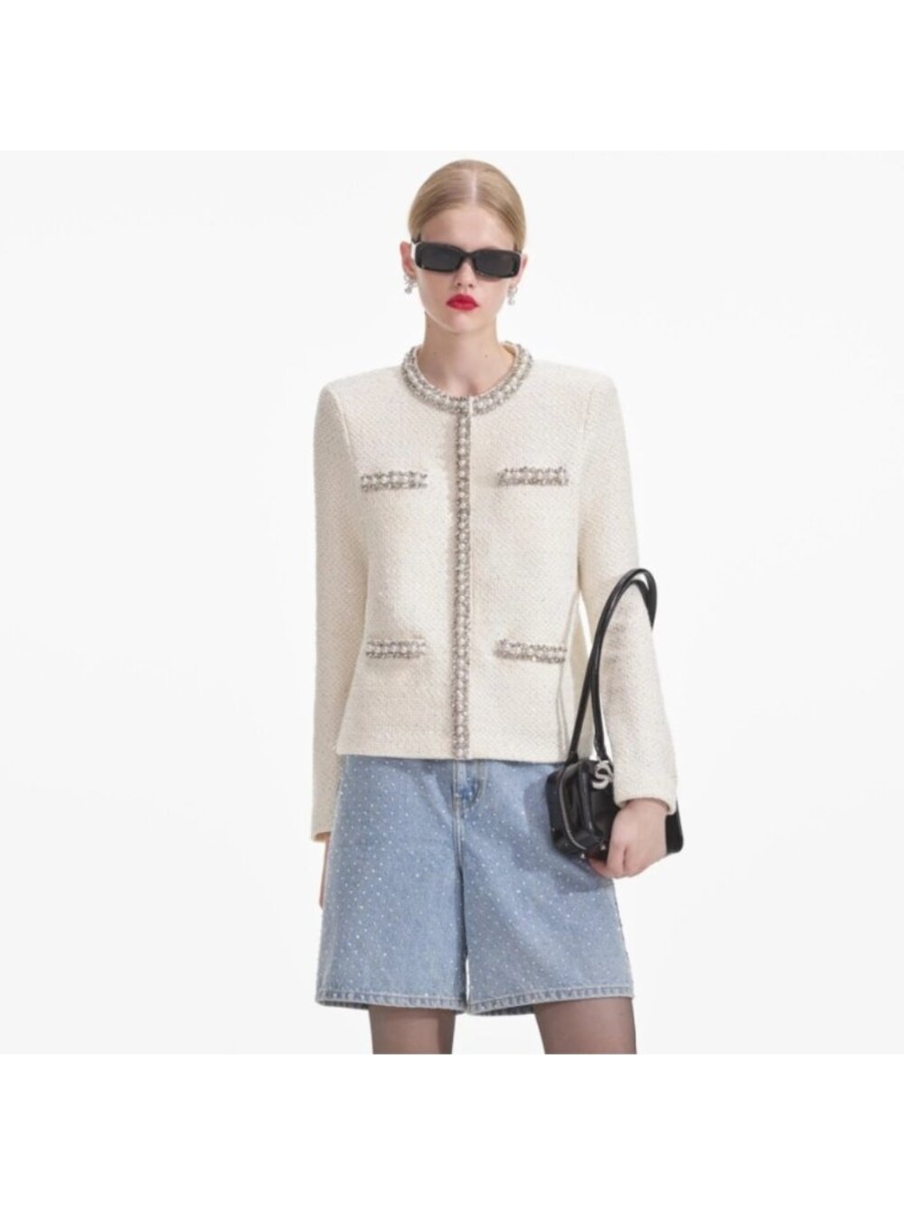 self-portrait Cream Textured Knit Embellished Cardigan Size L - MSRP $585 - NWT